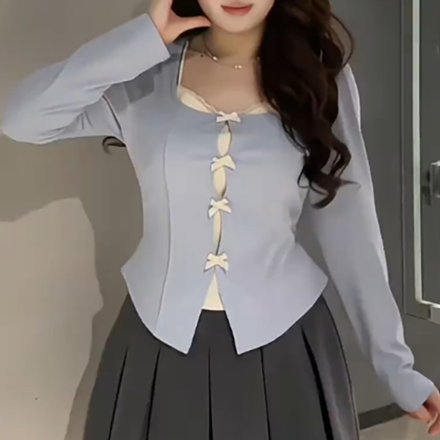 리본 나시 긴팔블라우스 레이스 가짜투피스 빅사이즈 귀여운 발레코어룩 패션 디자인 블루 블랙 - 상품 이미지
