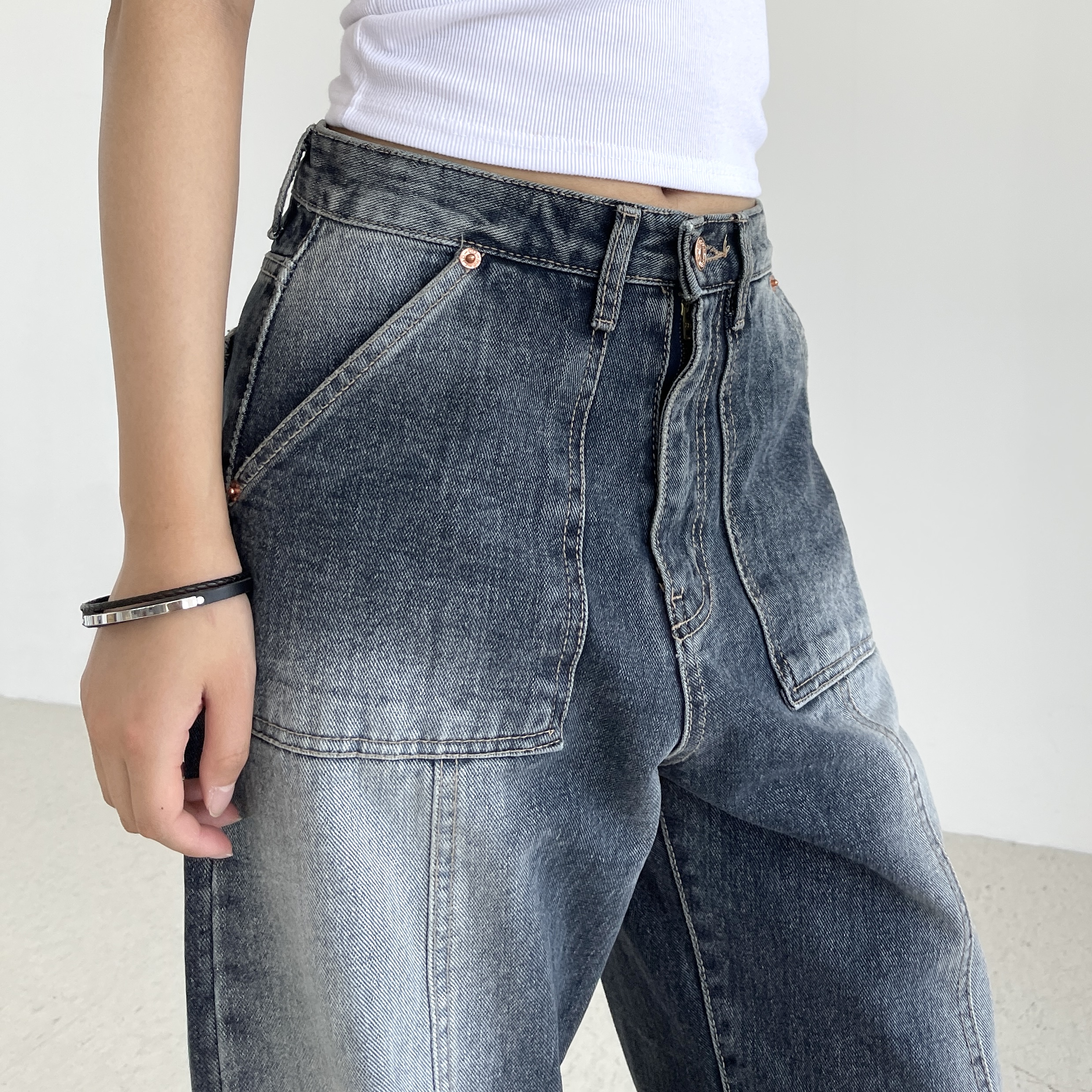 커브드데님 와이드 청바지 여자 하이웨스트 봄 가을 빈티지워싱 진청 절개 벌룬핏 - 상세 이미지 5