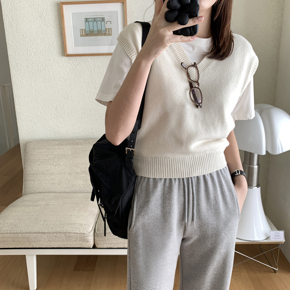 루즈핏 레이어드 울 브이넥 니트 베스트 여성 니트 조끼 봄 가을 여자 베스트