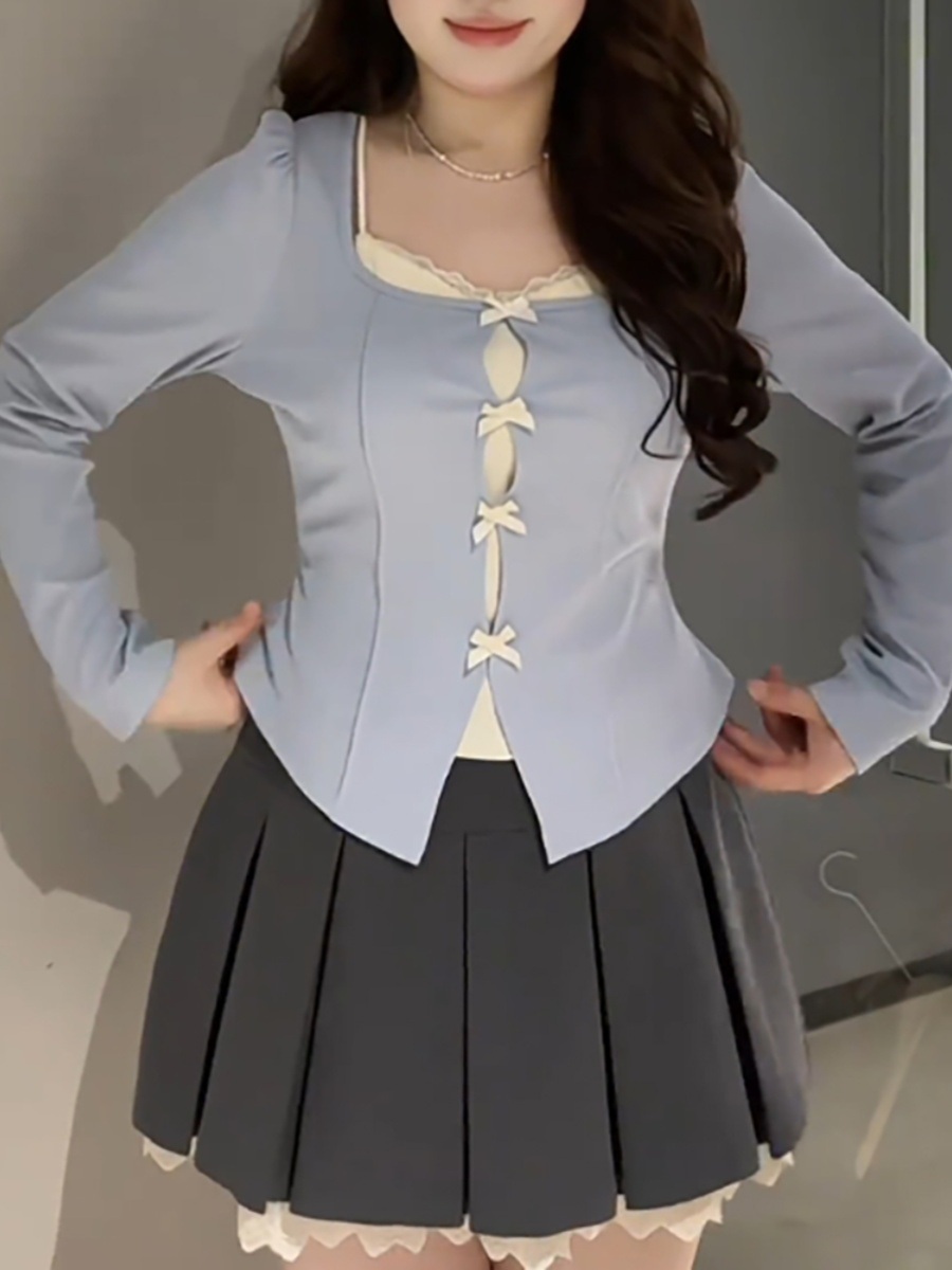 리본 나시 긴팔블라우스 레이스 가짜투피스 빅사이즈 귀여운 발레코어룩 패션 디자인 블루 블랙 - 상세 이미지 2