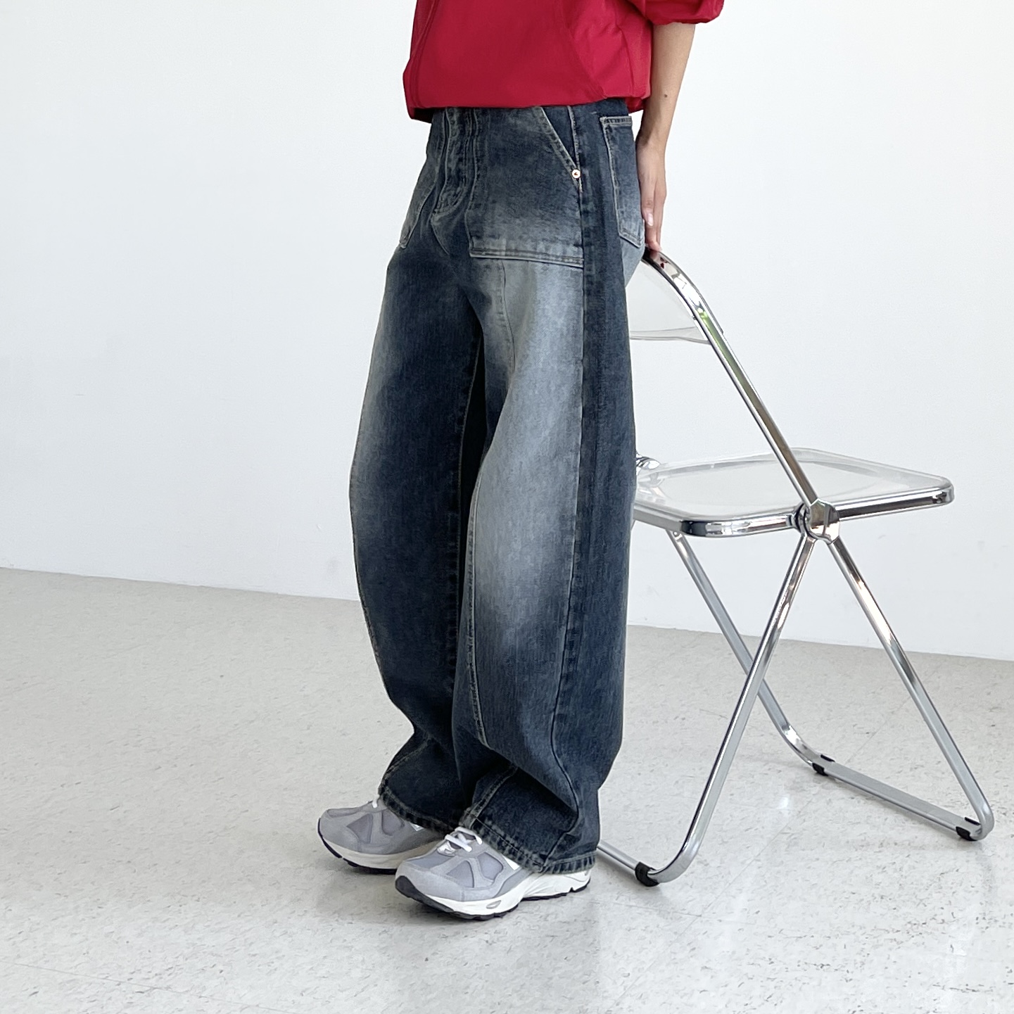 커브드데님 와이드 청바지 여자 하이웨스트 봄 가을 빈티지워싱 진청 절개 벌룬핏 이미지 7