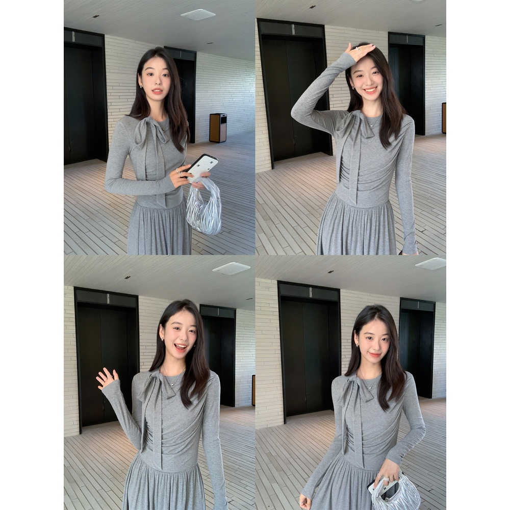 긴팔 리본타이 원피스 롱스커트 A라인 허리강조 슬림핏 프렌치 감성 디자인 2컬러 - 상세 이미지 3