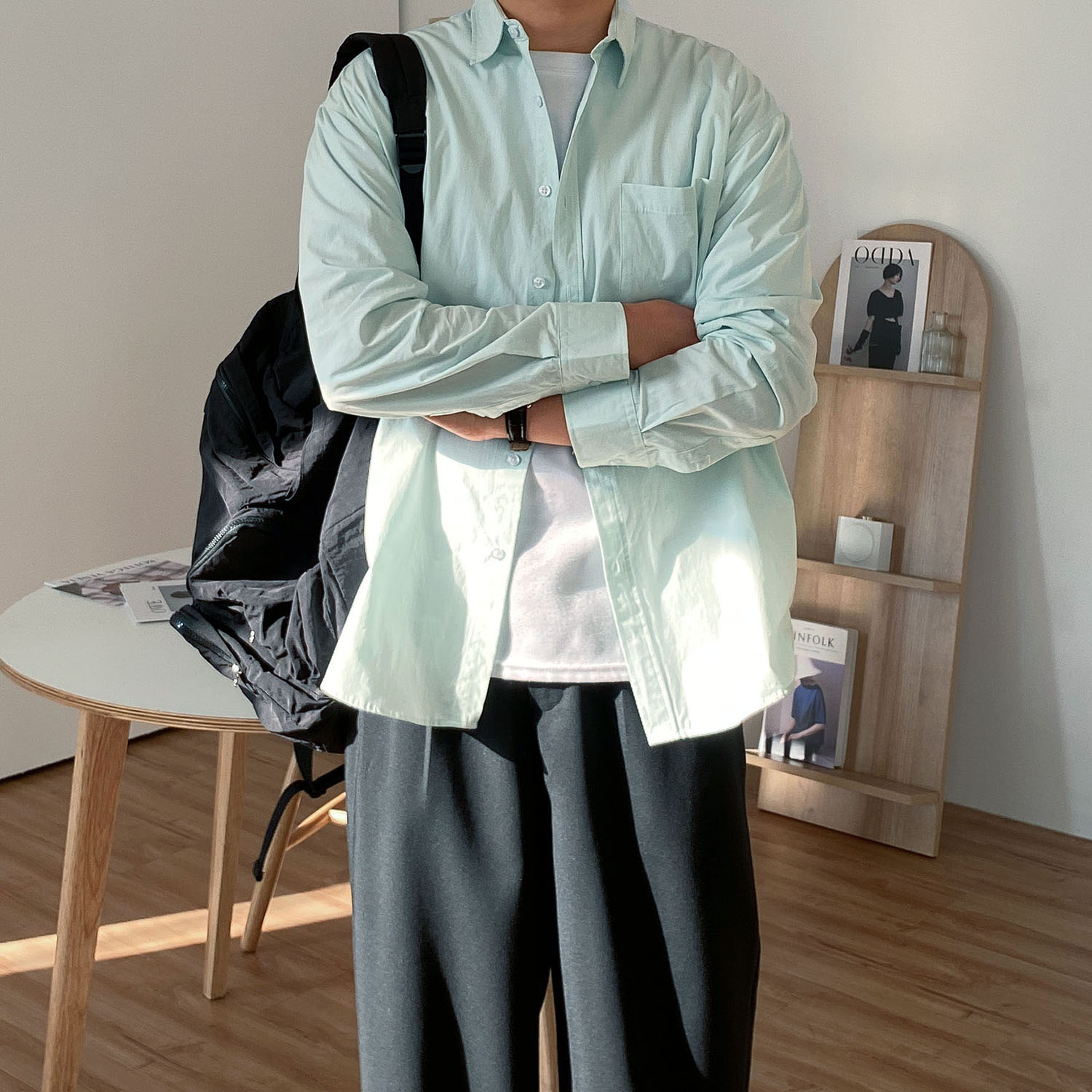 남자오버핏셔츠 남자 하늘색 옥스포드 셔츠 - 상세 이미지 2