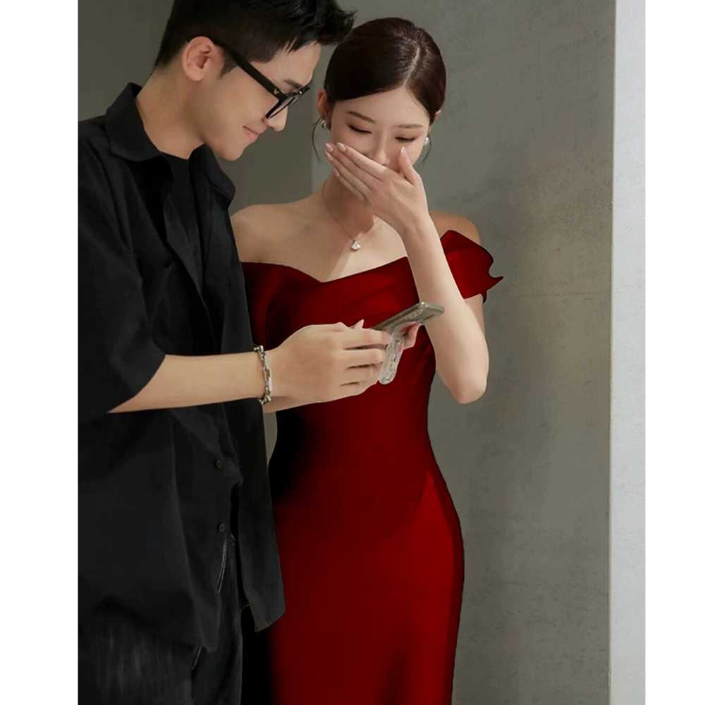 머메이드 오프숄더 실크 드레스 피로연 셀프웨딩 촬영 - 상세 이미지 2