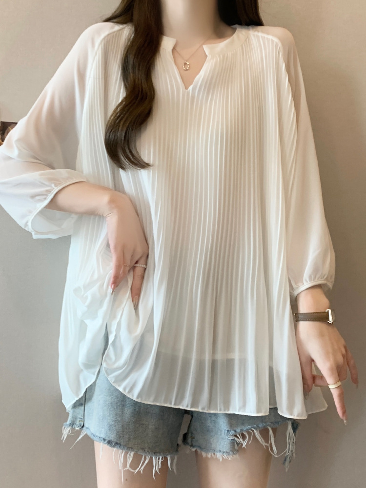 루즈핏셔츠 빅사이즈녀가능 A라인블라우스 쉬폰 플리츠 블라우스 가을  블라우스