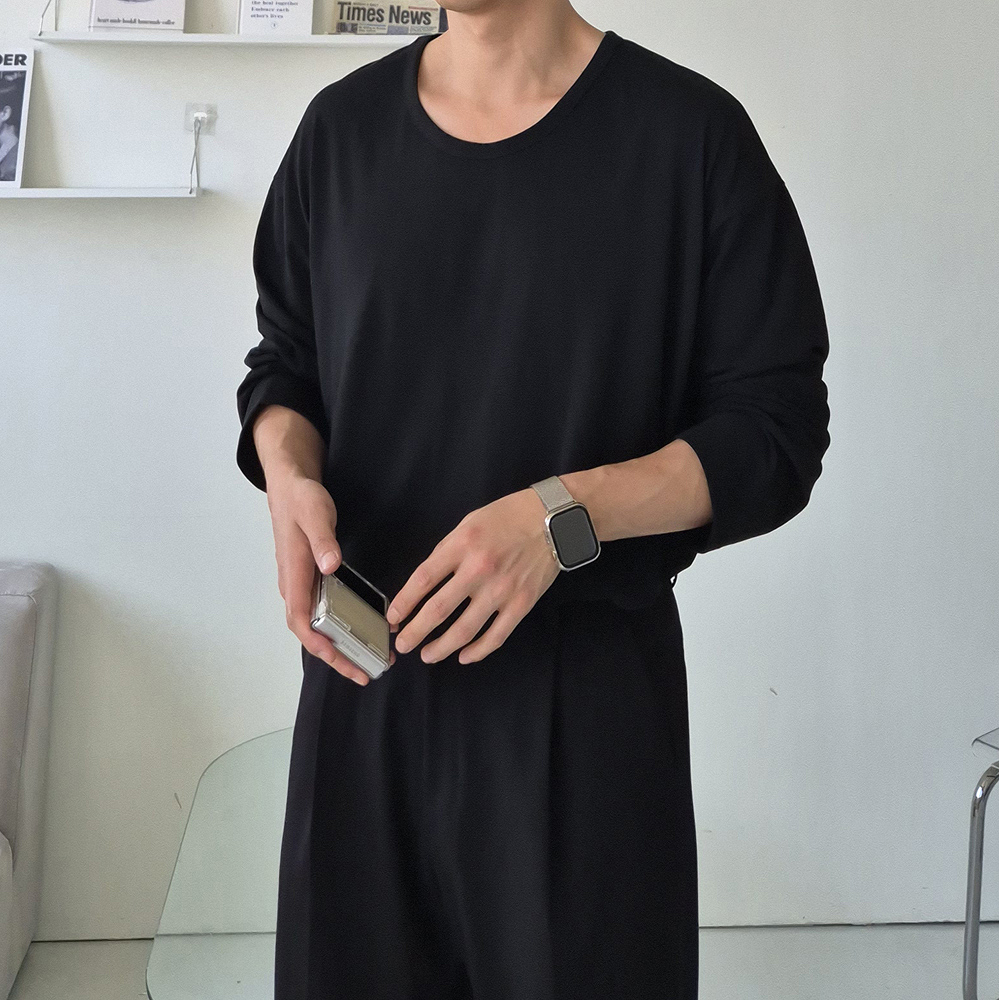남자 긴팔티 오버핏 비침없는 이너 레이어드 유넥 티셔츠 - 상세 이미지 3