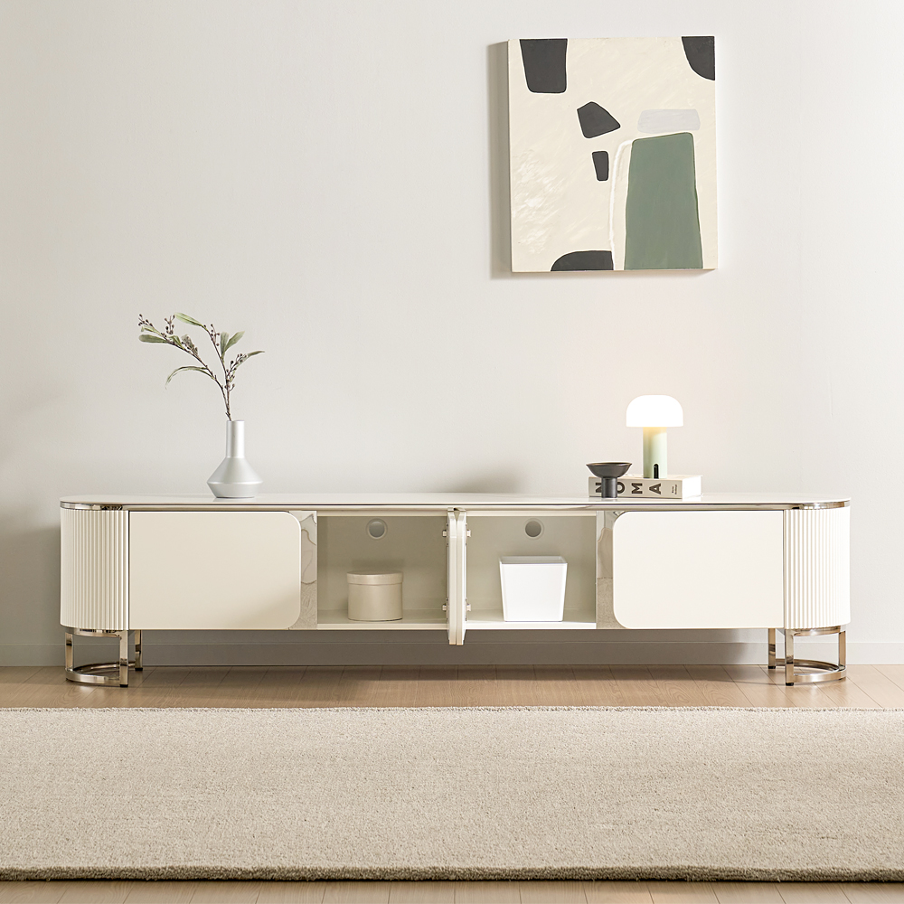 [방문설치] 메이벨 세라믹 스테인레스 거실장 TV다이 TV장 2100x400x480mm, 화이트실버