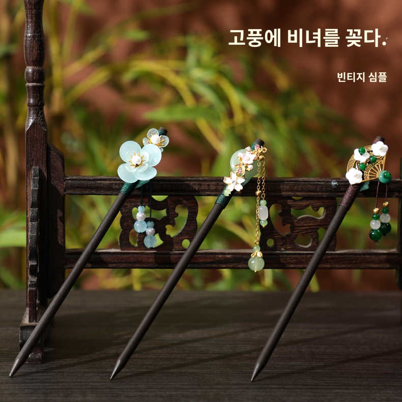 전통비녀 올림머리장식 헤어핀 뒤꽂이 꽃장식나무비녀 - 상세 이미지 2