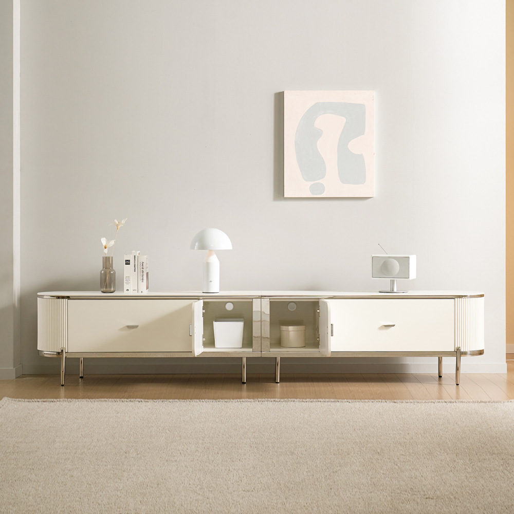 [방문설치] 에블린 세라믹 스테인레스 거실장 TV다이 TV장 2600x395x510mm, 화이트실버