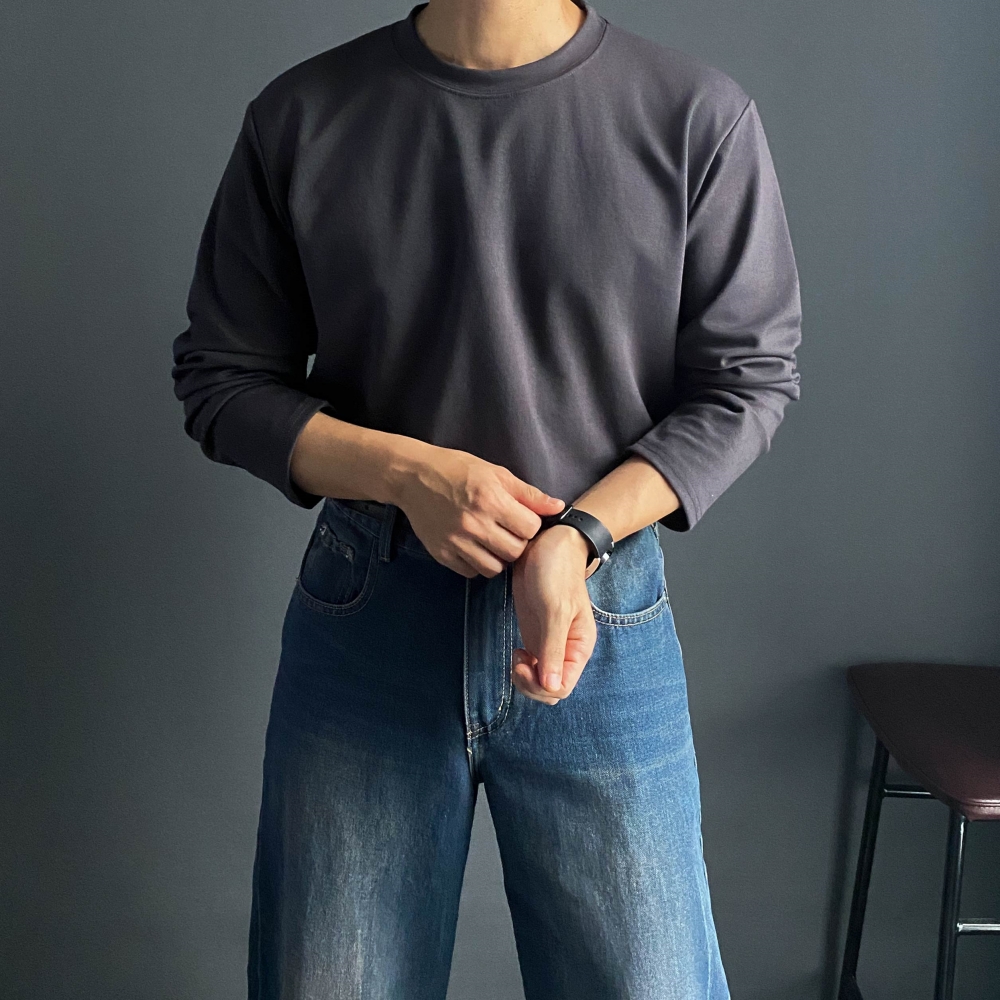 남자 무지 분또 긴팔 두꺼운 티 티셔츠 흰색면티 머슬핏 어깨넓어보이는 - 상세 이미지 3