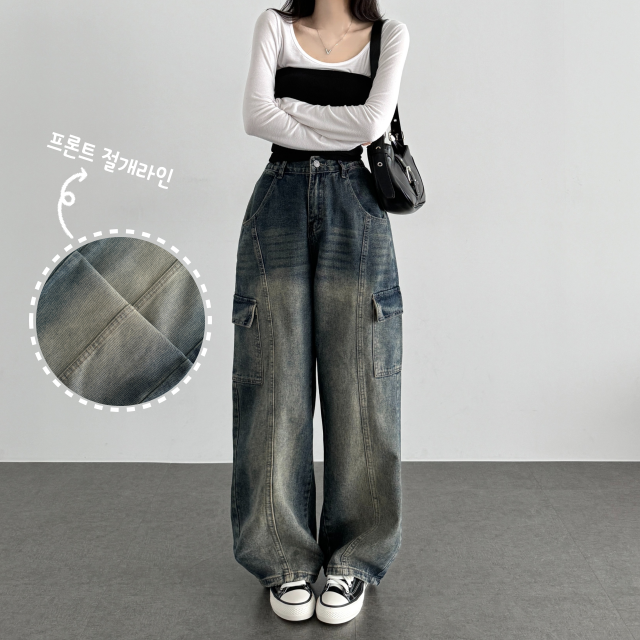 빈티지 카고 핀턱 와이드 데님 팬츠 허리뒷밴딩 히든밴딩 - 상품 이미지