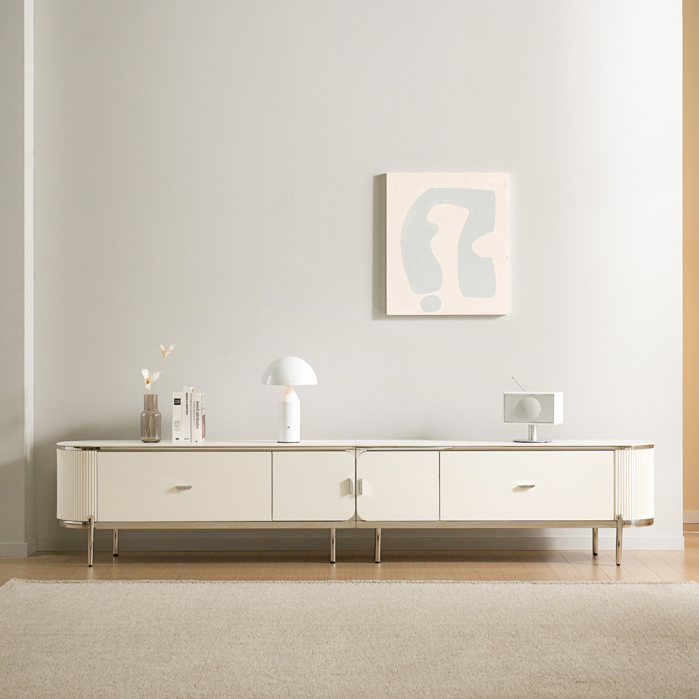 [방문설치] 에블린 세라믹 스테인레스 거실장 TV다이 TV장 2600x395x510mm, 화이트실버