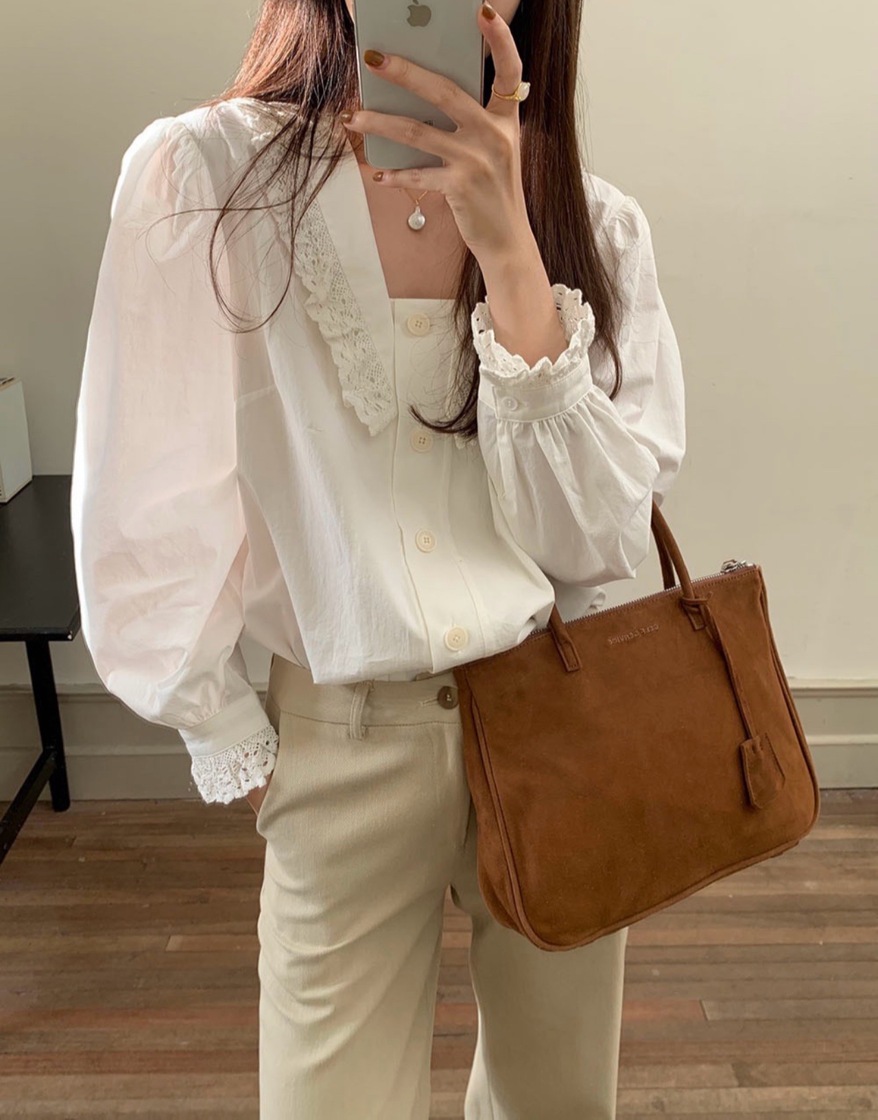 보아 레이스 카라 스퀘어넥 긴팔 가을 하객룩 블라우스