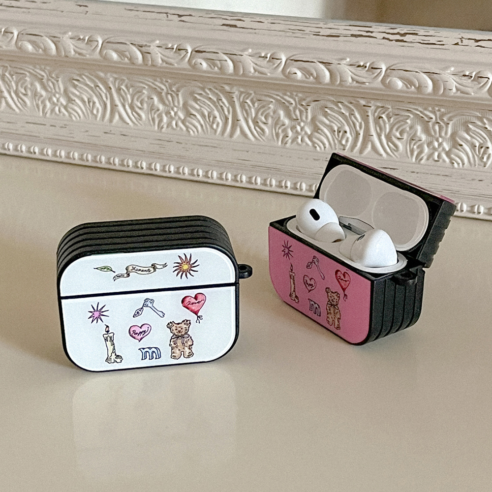 vintage drawing pattern 에어팟 프로 케이스 하드 범퍼 white