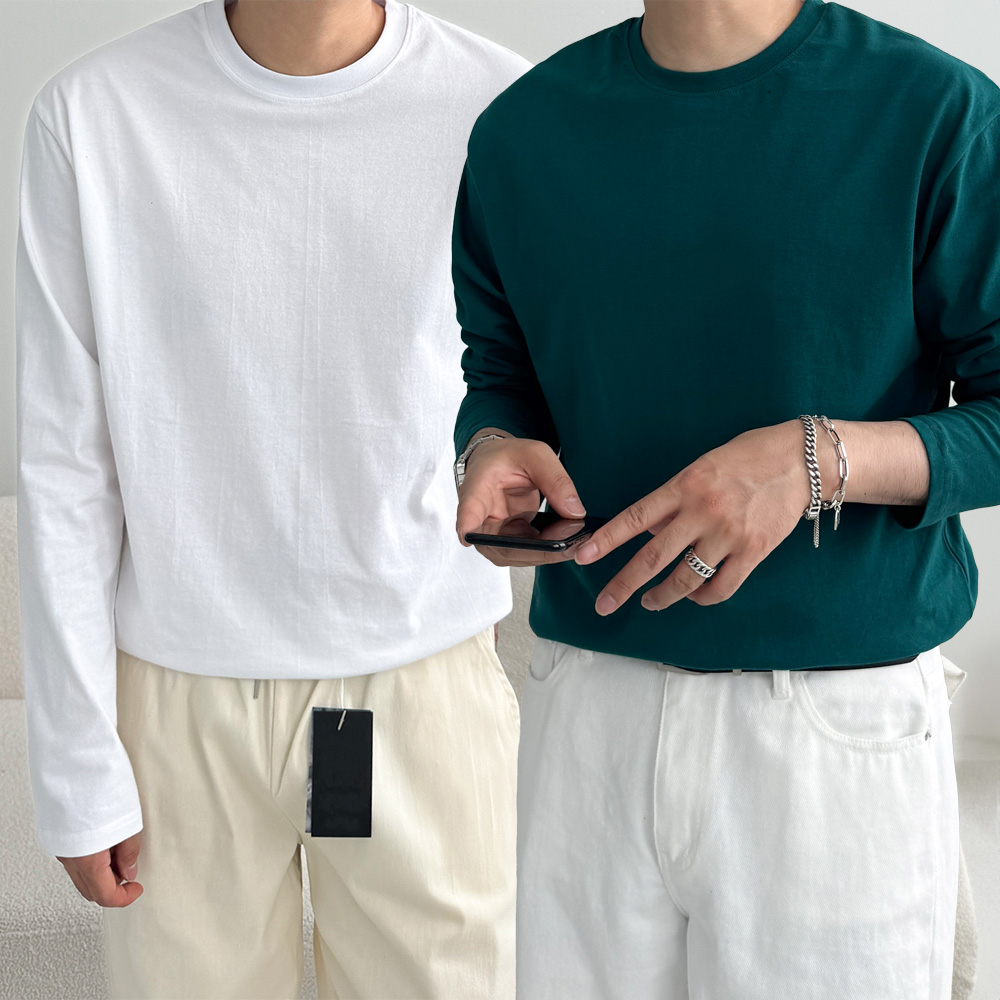 남자얇은긴팔티 남자쭉티 흰색면티 - 메인 이미지