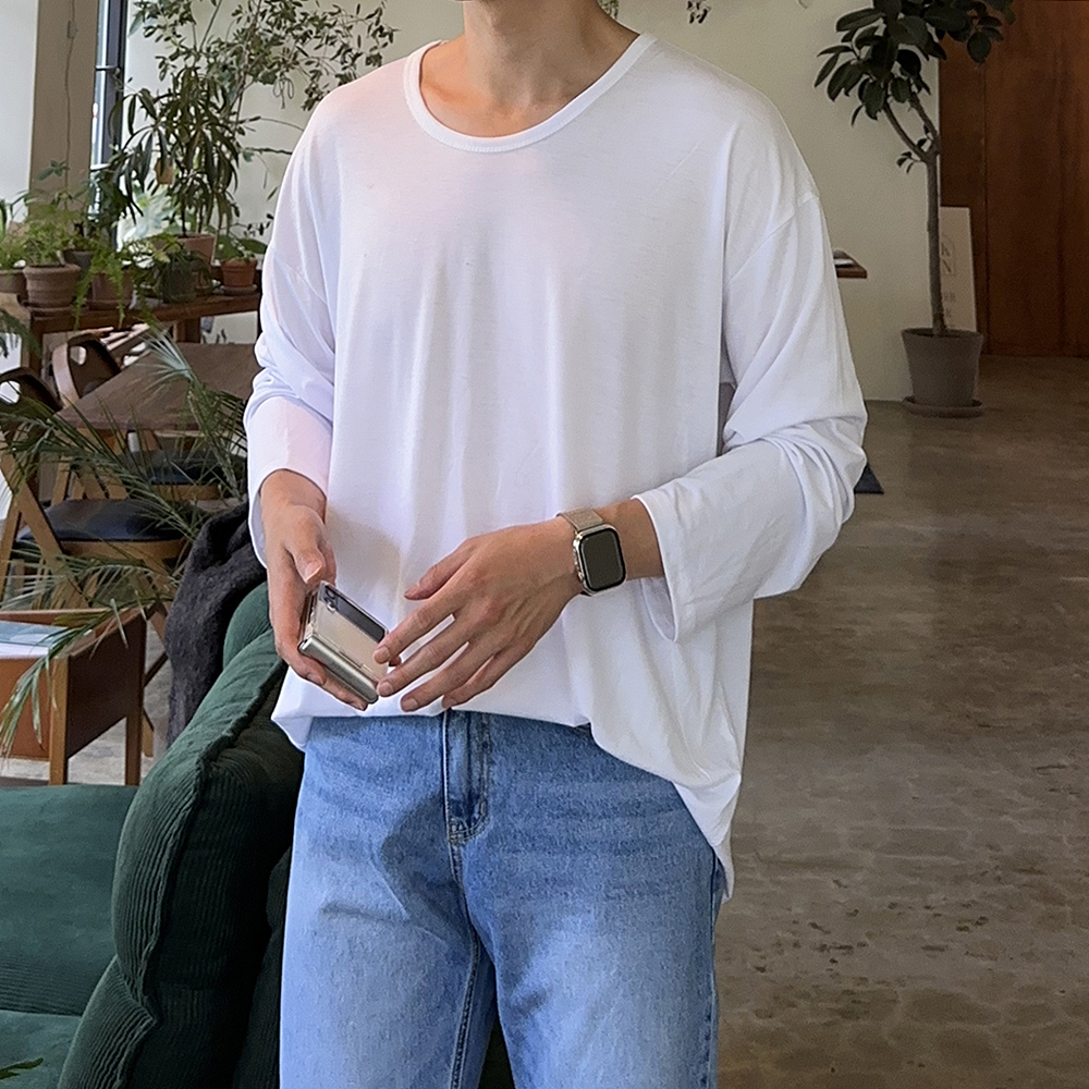남자 긴팔티 오버핏 비침없는 이너 레이어드 유넥 티셔츠 - 상품 이미지