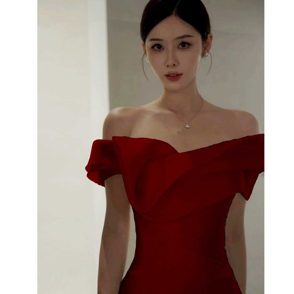 머메이드 오프숄더 실크 드레스 피로연 셀프웨딩 촬영 - 상세 이미지 4