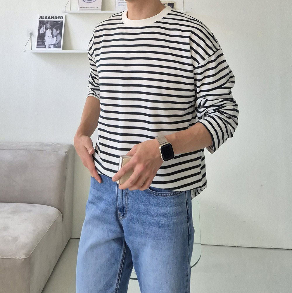 남자 긴팔티 오버핏 단가라 스트라이프 티셔츠 - 상세 이미지 3