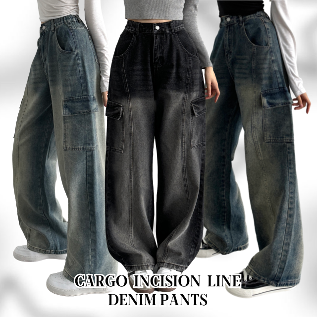 빈티지 카고 핀턱 와이드 데님 팬츠 허리뒷밴딩 히든밴딩 - 상세 이미지 4