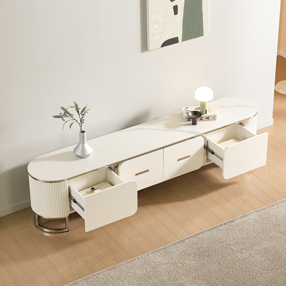 [방문설치] 메이벨 세라믹 스테인레스 거실장 TV다이 TV장 2100x400x480mm, 화이트실버