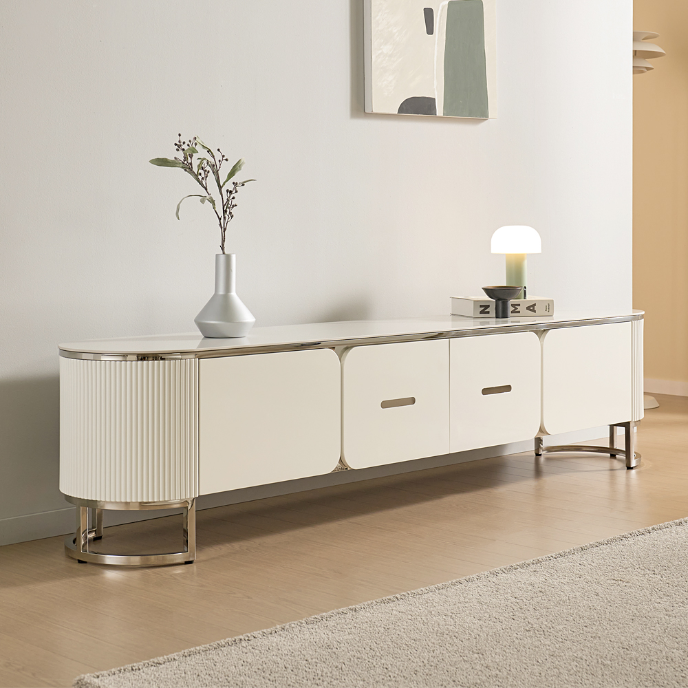 [방문설치] 메이벨 세라믹 스테인레스 거실장 TV다이 TV장 2100x400x480mm, 화이트실버