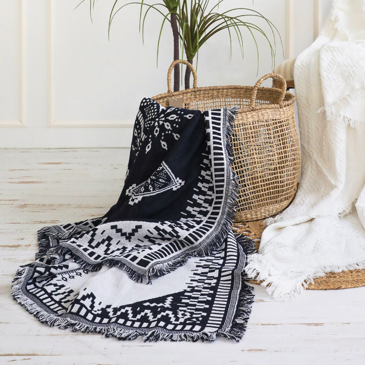 모스코 감성 거실 소파 캠핑 차박 러너 담요 면 여름 거즈 린넨 이불 침대 에스닉 블랭킷 블랙 180x230cm