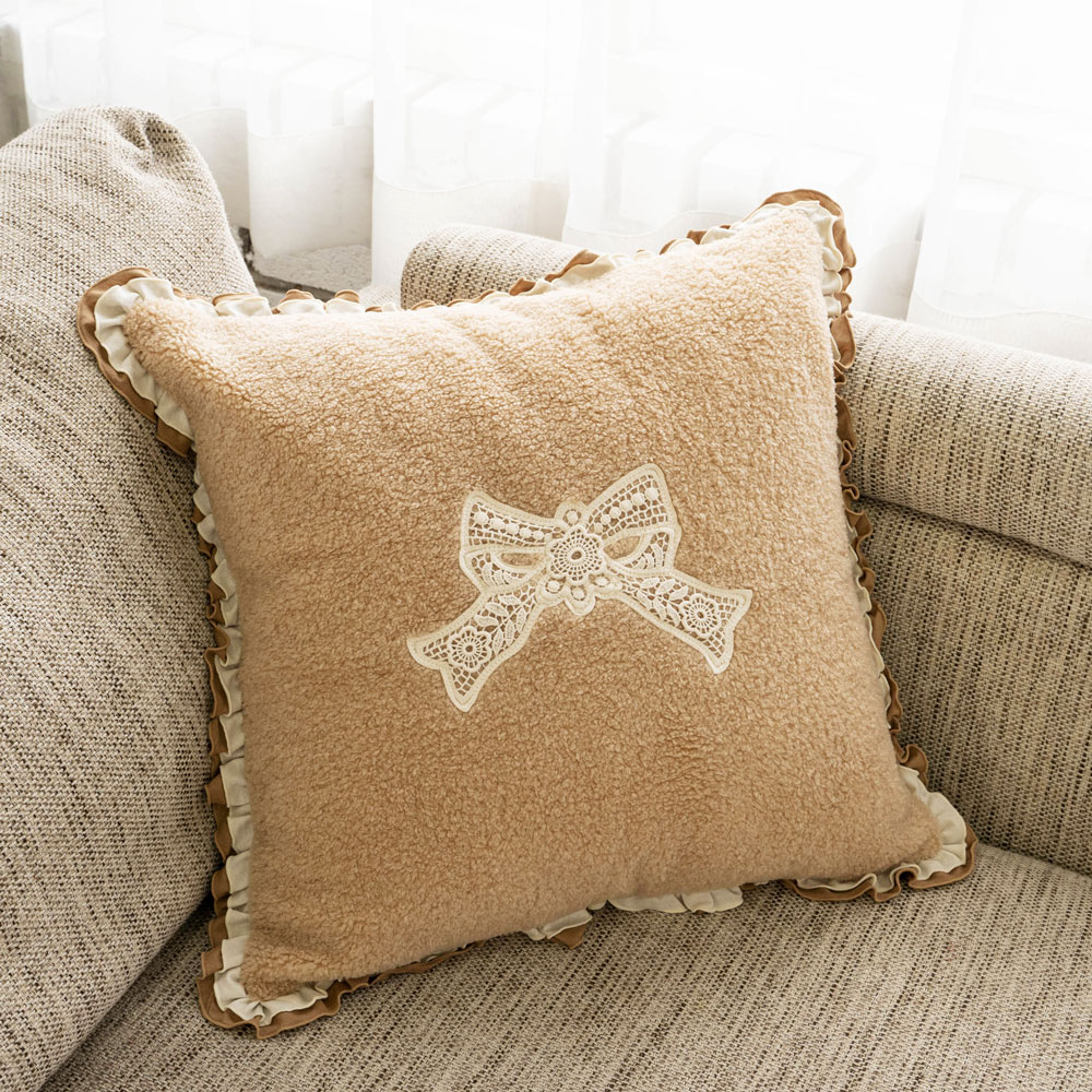 마벨로제 리본 뽀글이 극세사 겨울 소파 쿠션 커버 거실 쇼파 쿠션 베이지 50x50