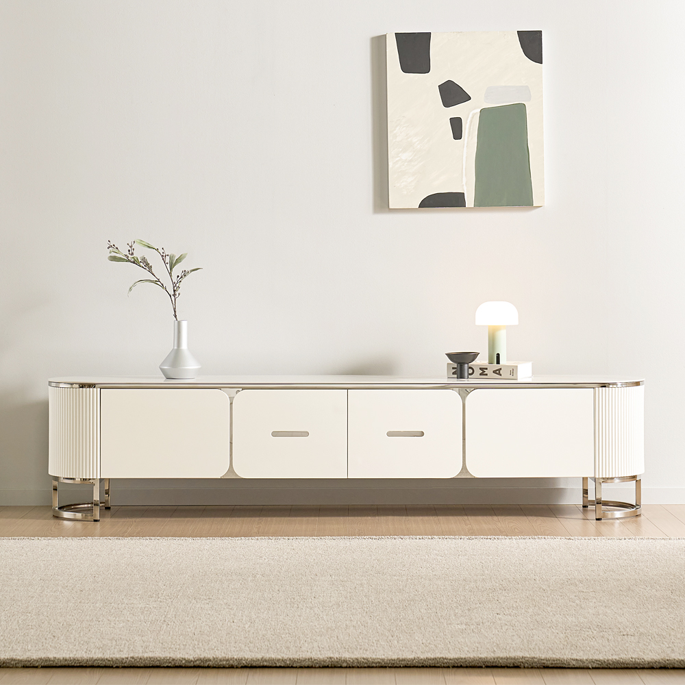 [방문설치] 메이벨 세라믹 스테인레스 거실장 TV다이 TV장 2100x400x480mm, 화이트실버