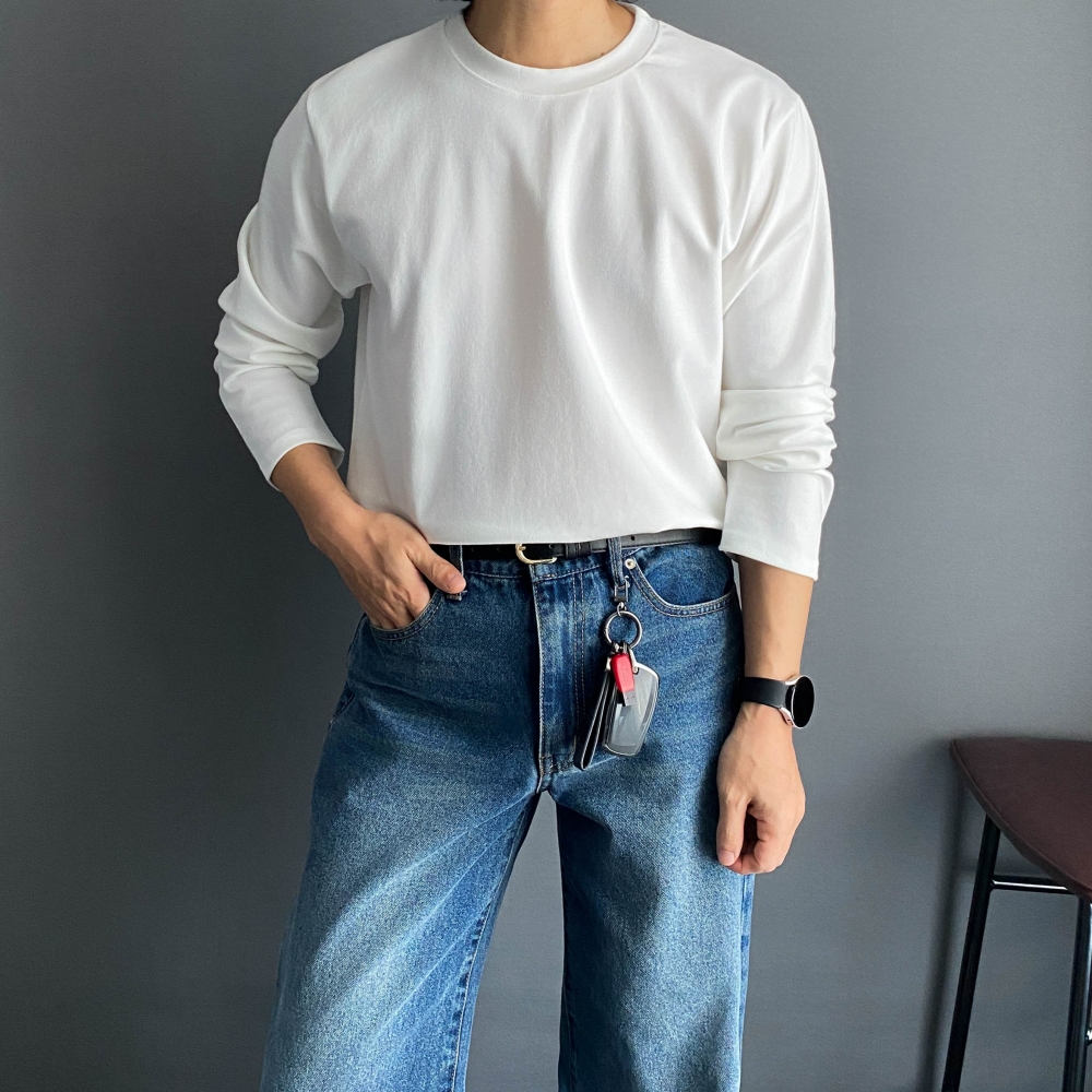 남자 무지 분또 긴팔 두꺼운 티 티셔츠 흰색면티 머슬핏 어깨넓어보이는 - 상품 이미지