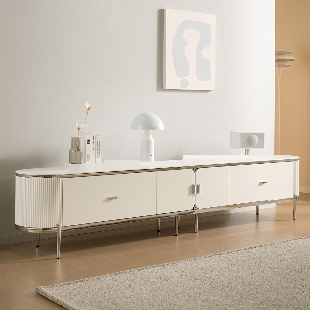 [방문설치] 에블린 세라믹 스테인레스 거실장 TV다이 TV장 2600x395x510mm, 화이트실버