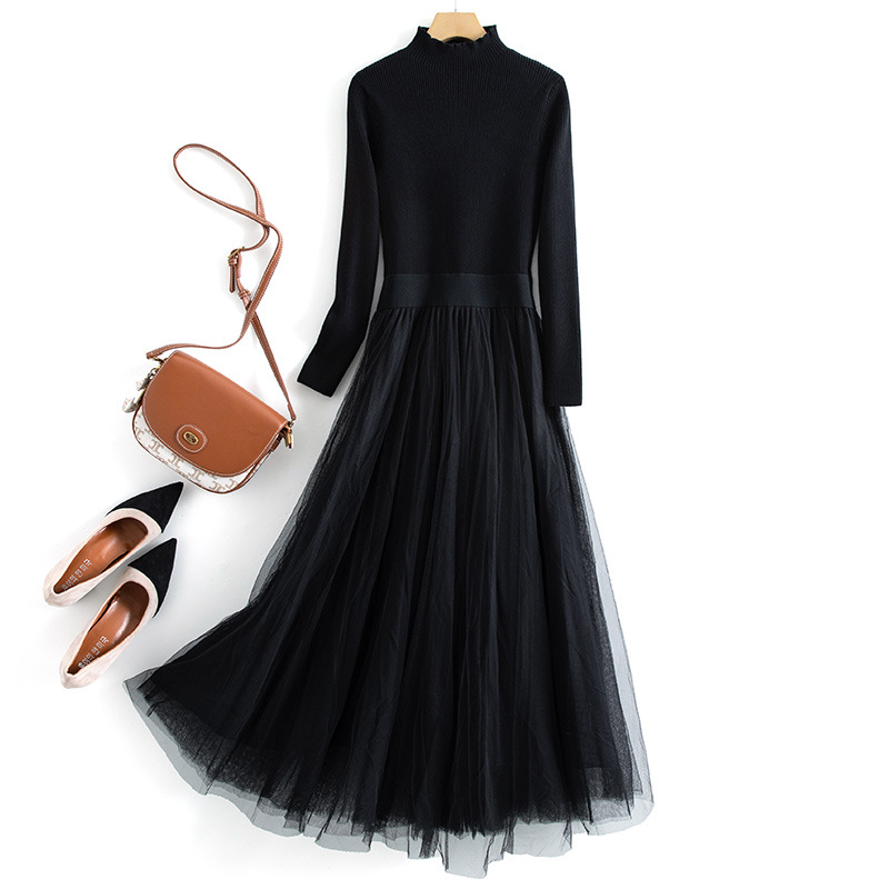 블랙 반목 니트상의 샤스커트 원피스 모임룩