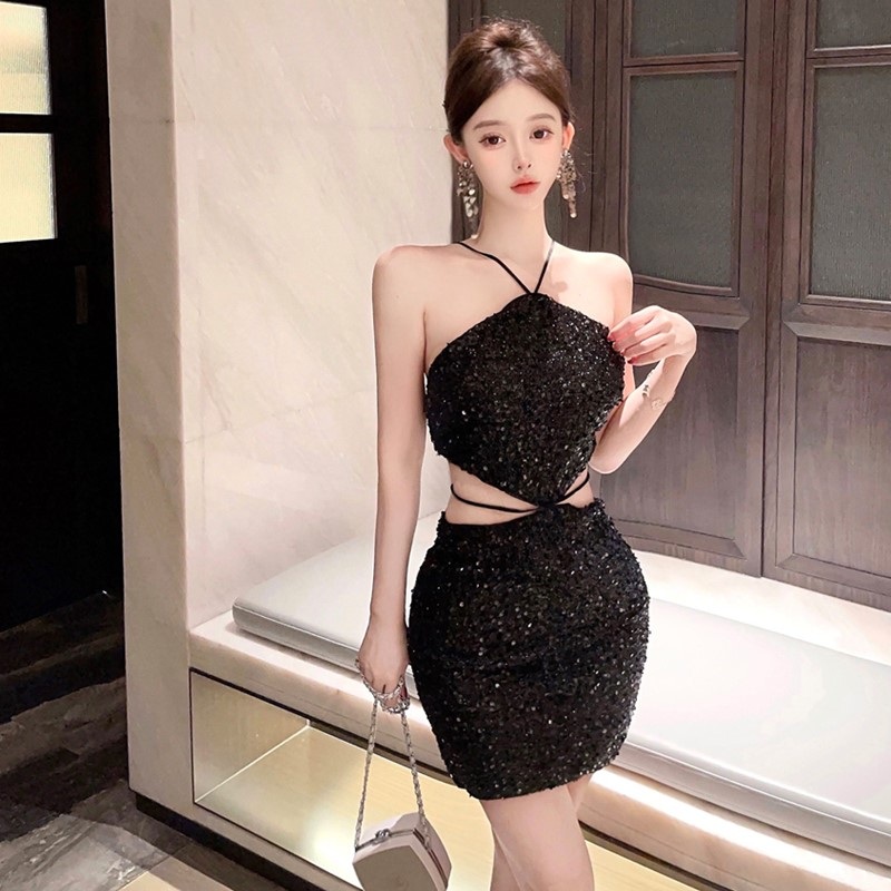 홀터넥 블랙 스팽글 원피스 섹시한 파티 섹시 백리스 - 상세 이미지 3