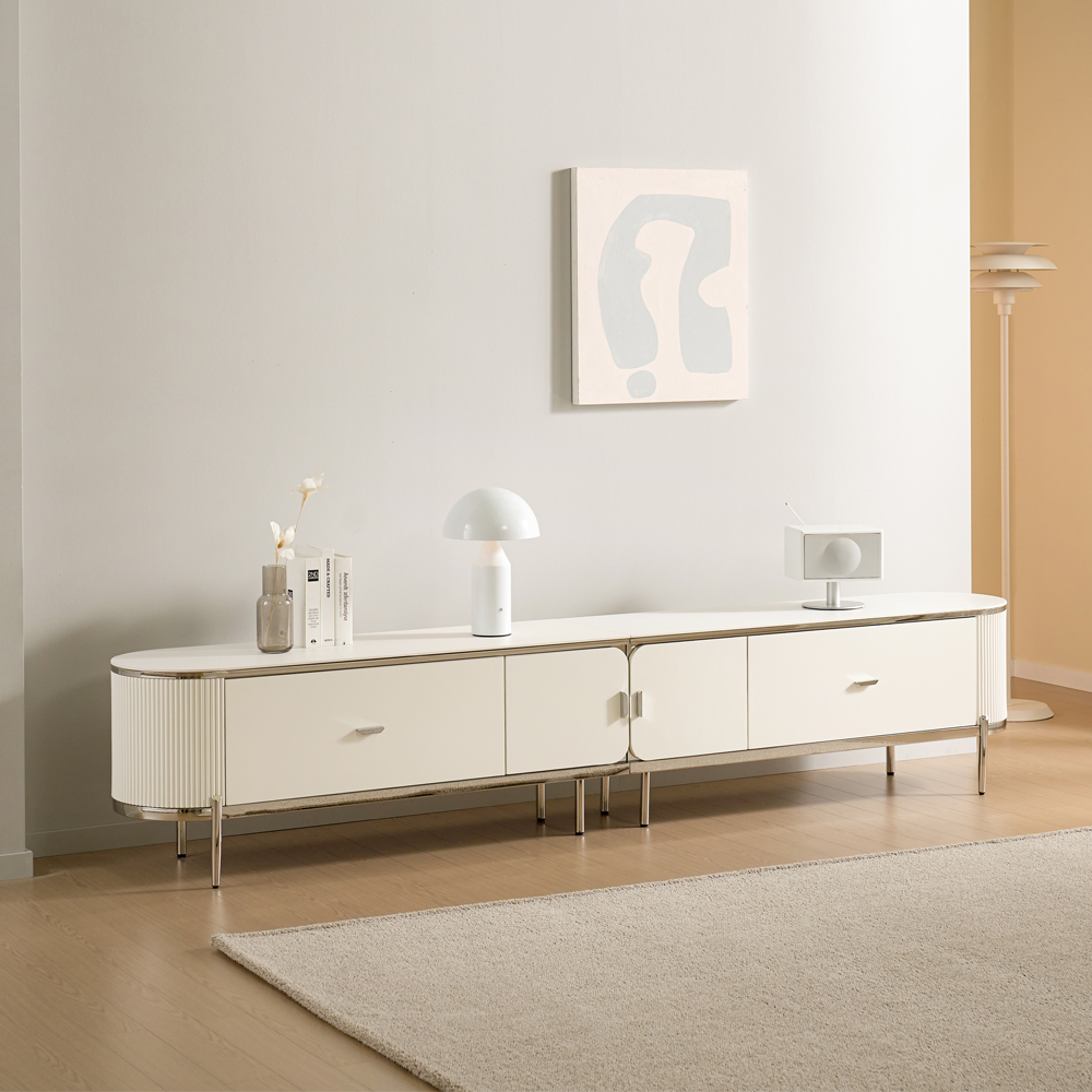 [방문설치] 에블린 세라믹 스테인레스 거실장 TV다이 TV장 2600x395x510mm, 화이트실버