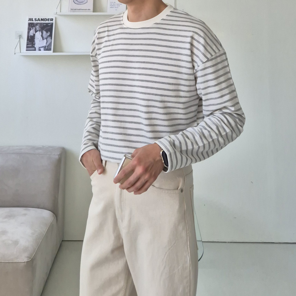 남자 긴팔티 오버핏 단가라 스트라이프 티셔츠 - 상세 이미지 4