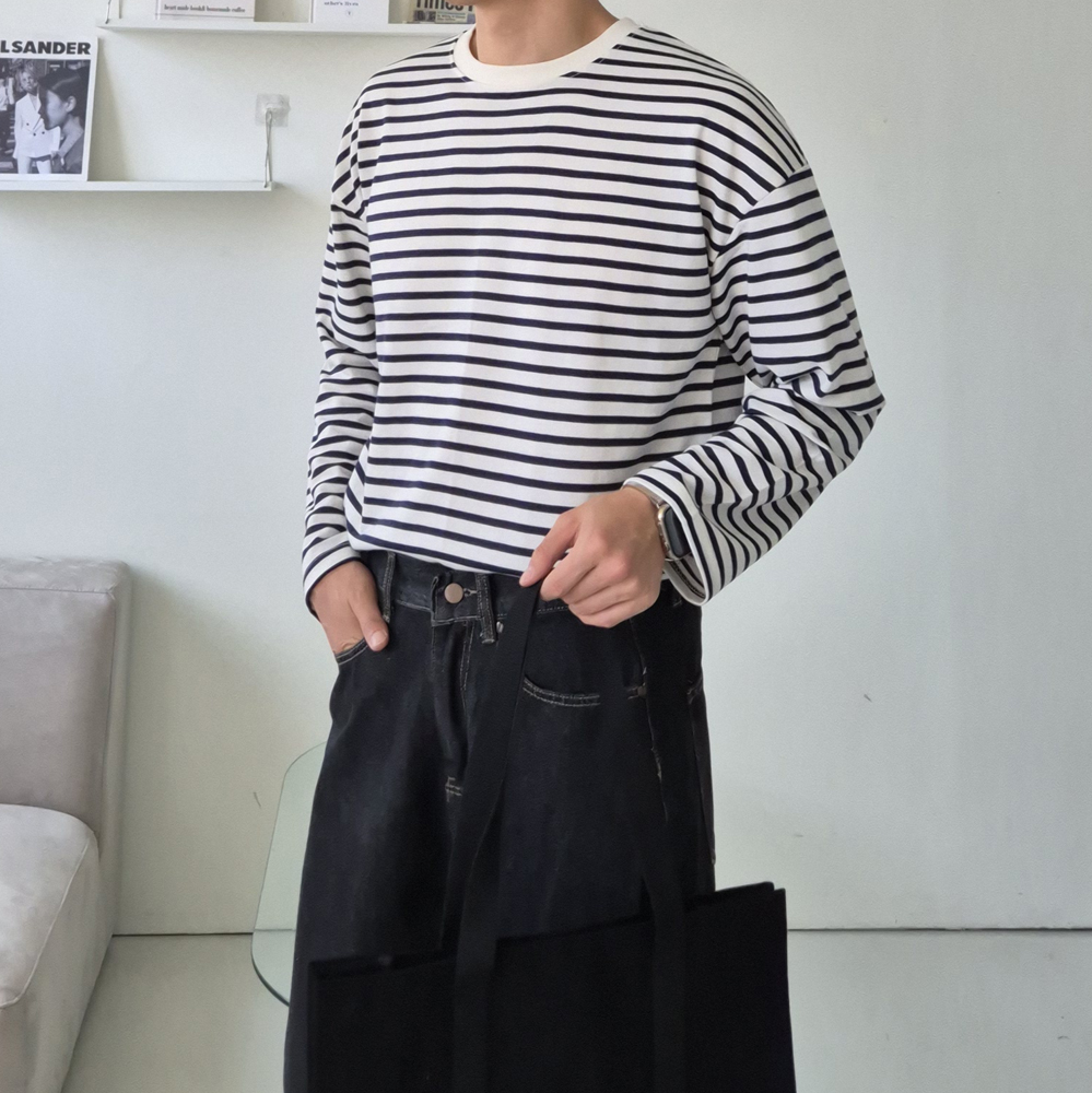 남자 긴팔티 오버핏 단가라 스트라이프 티셔츠 - 상세 이미지 2