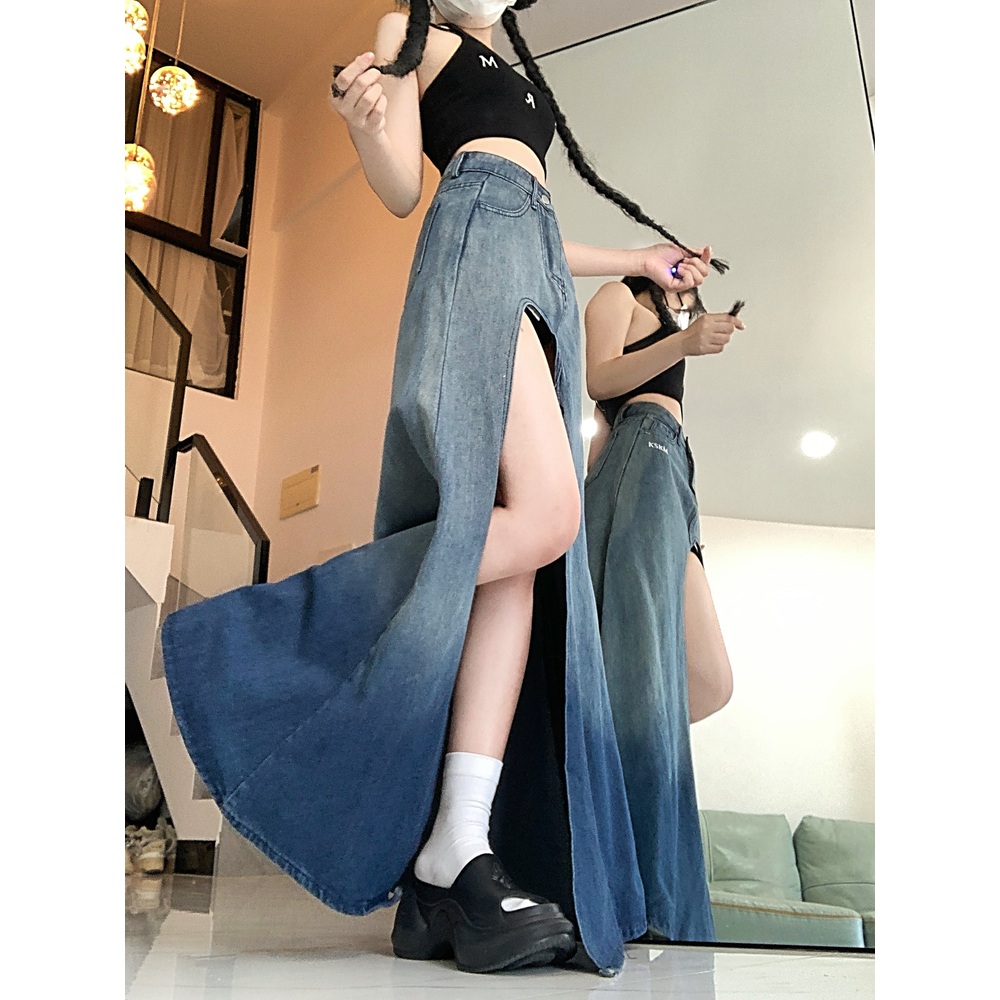 긴 다리가 돋보이는 치마 섹시 핫걸 A라인 데님 롱스커트 - 상세 이미지 3