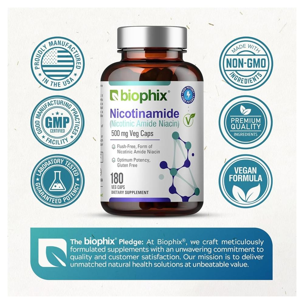 BIOPHIX 번들 니코틴아마이드 500mg 180캡슐과 비타민C 1000 복합물 30정 - 상세 이미지 3