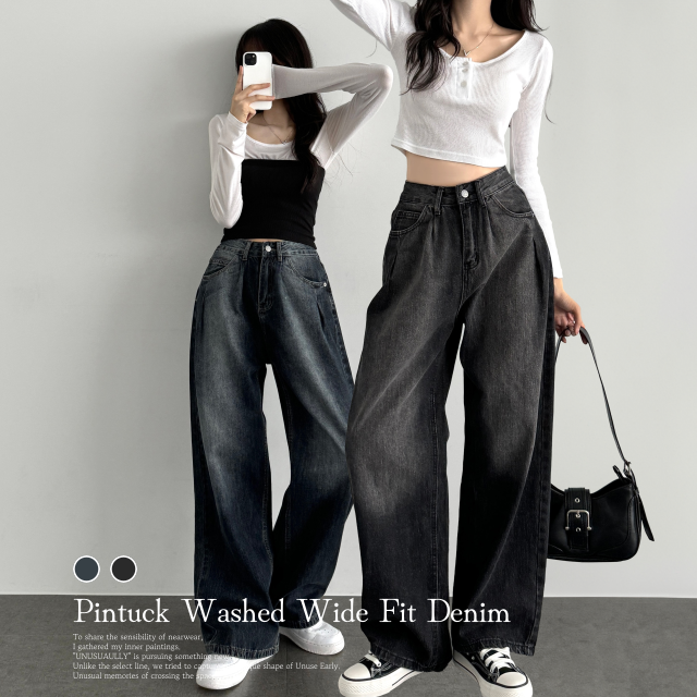 빈티지 하이웨스트 핀턱 워싱 데님 와이드 팬츠 - 상품 이미지