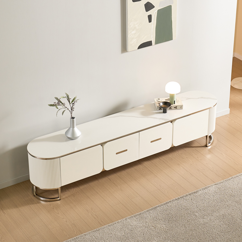 [방문설치] 메이벨 세라믹 스테인레스 거실장 TV다이 TV장 2100x400x480mm, 화이트실버