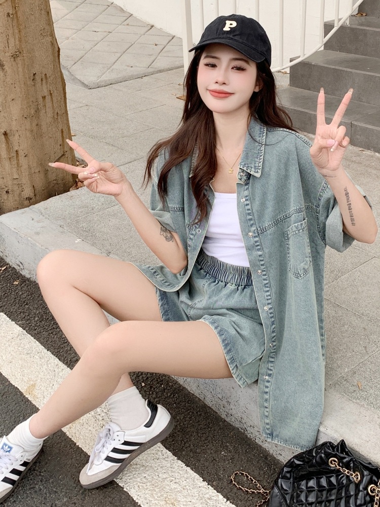 빅사이즈 여름 데님 투피스 세트 레트로 반팔 자켓 슬림 A라인 청반바지 L-3XL - 상세 이미지 4