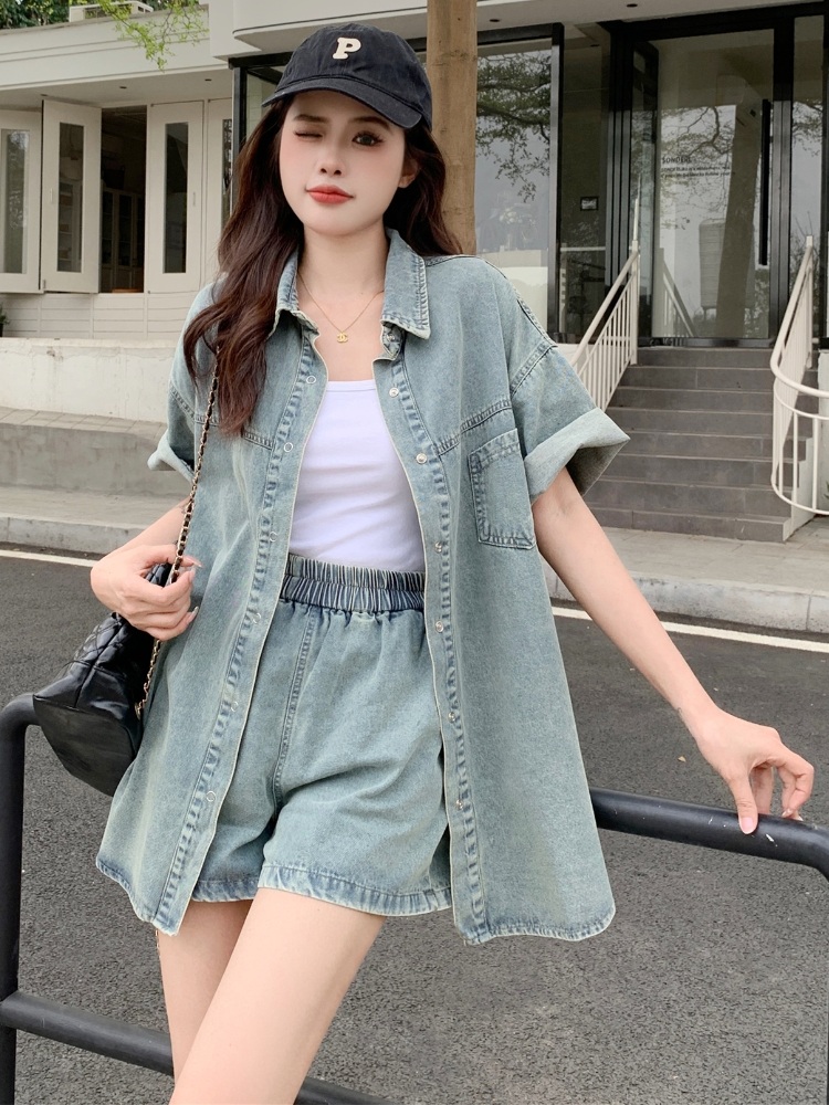 빅사이즈 여름 데님 투피스 세트 레트로 반팔 자켓 슬림 A라인 청반바지 L-3XL - 상세 이미지 3