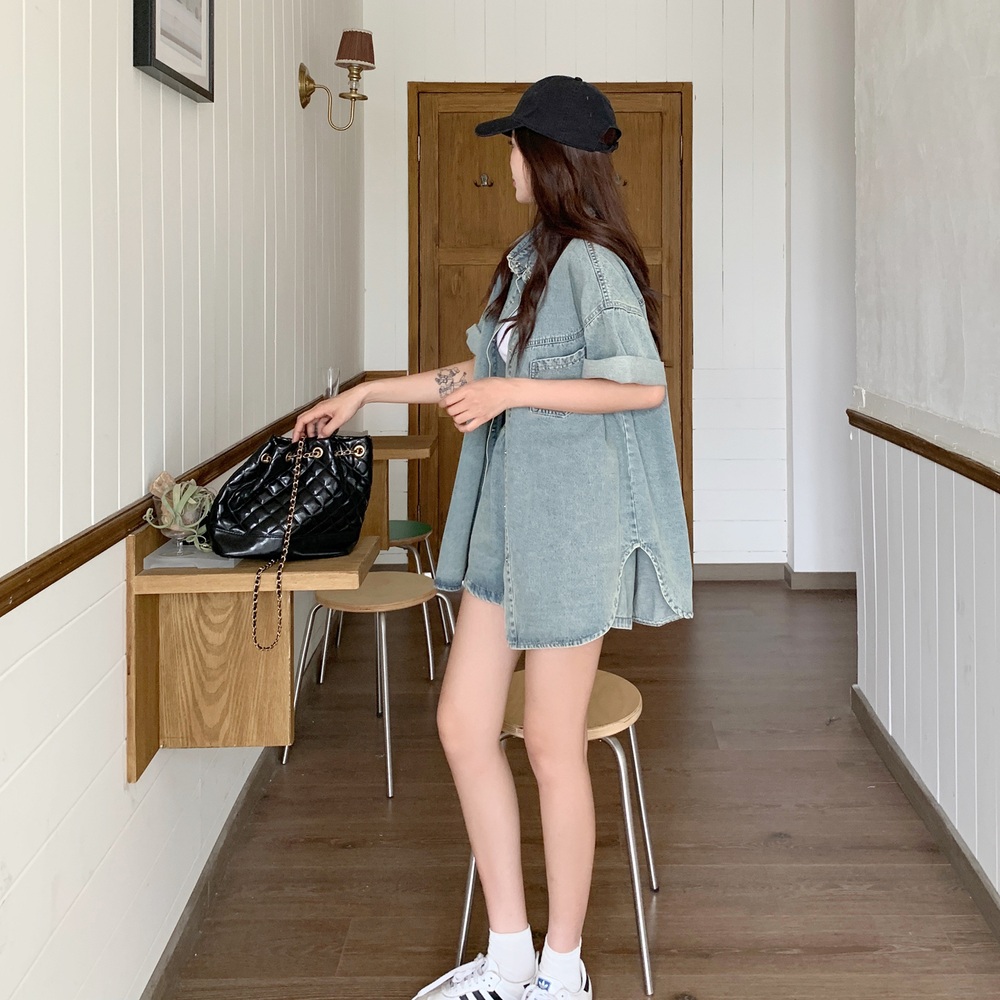 빅사이즈 여름 데님 투피스 세트 레트로 반팔 자켓 슬림 A라인 청반바지 L-3XL - 상세 이미지 2