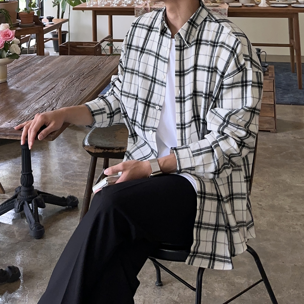 남자 셔츠 오버핏 구김없는 커플 남방 남자체크셔츠 - 상세 이미지 4