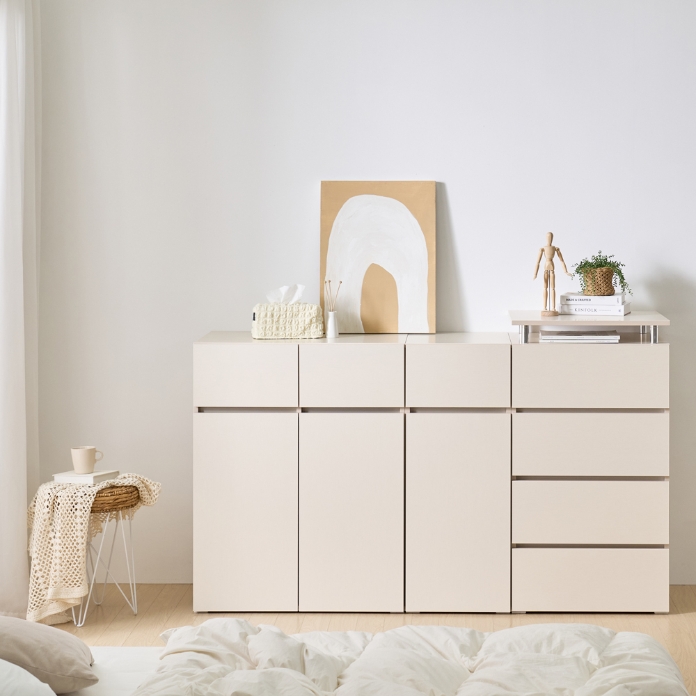 [와이드형] 조아 수납장 모듈 다용도 거실 베란다 (높은/서랍형 800), 3단, 크림화이트