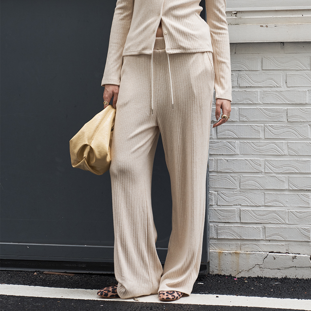 320쇼룸 골지 밴딩 와이드 팬츠 베이지 - 상품 이미지