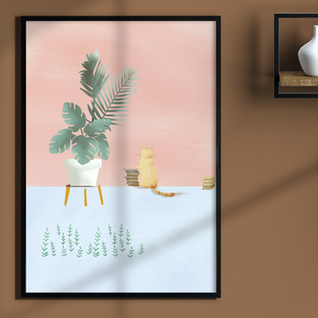 귀여운 고양이 그림 일러스트 액자 집들이선물 대형 거실 사무실 벽 인테리어 1번 - 상품 이미지
