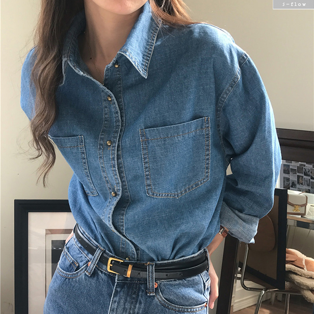 스모키 데님 금장버튼 오버핏 카라 셔츠 2col 가을 봄 하프 루즈핏 포켓 제이플로우 - 상세 이미지 4