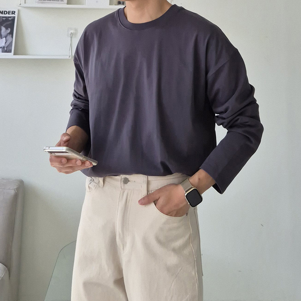 비침없는 무지 흰티 오버핏 이너 수피마 티셔츠 남자 긴팔티 - 상세 이미지 3