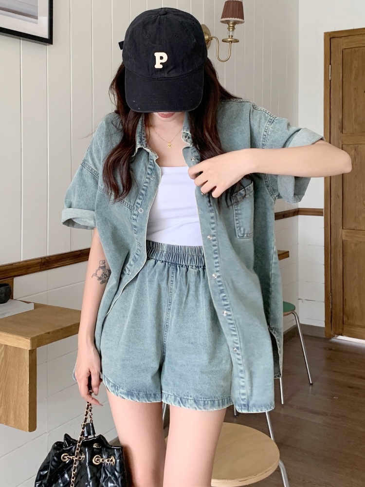 빅사이즈 여름 데님 투피스 세트 레트로 반팔 자켓 슬림 A라인 청반바지 L-3XL - 상세 이미지 5