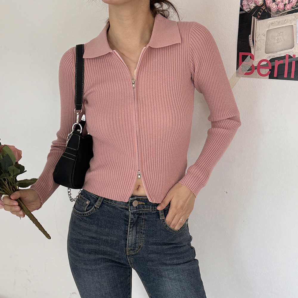 부드러운 골지 여성 간절기 투웨이 집업 크롭 숏 가디건 여자 카라 니트